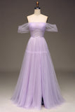 Lilac Off the Shoulder A Line Tulle Princess Ball Dress With Slit