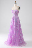 Purple A-Line Sweetheart Strapless Corset Ball Dress with Appliques