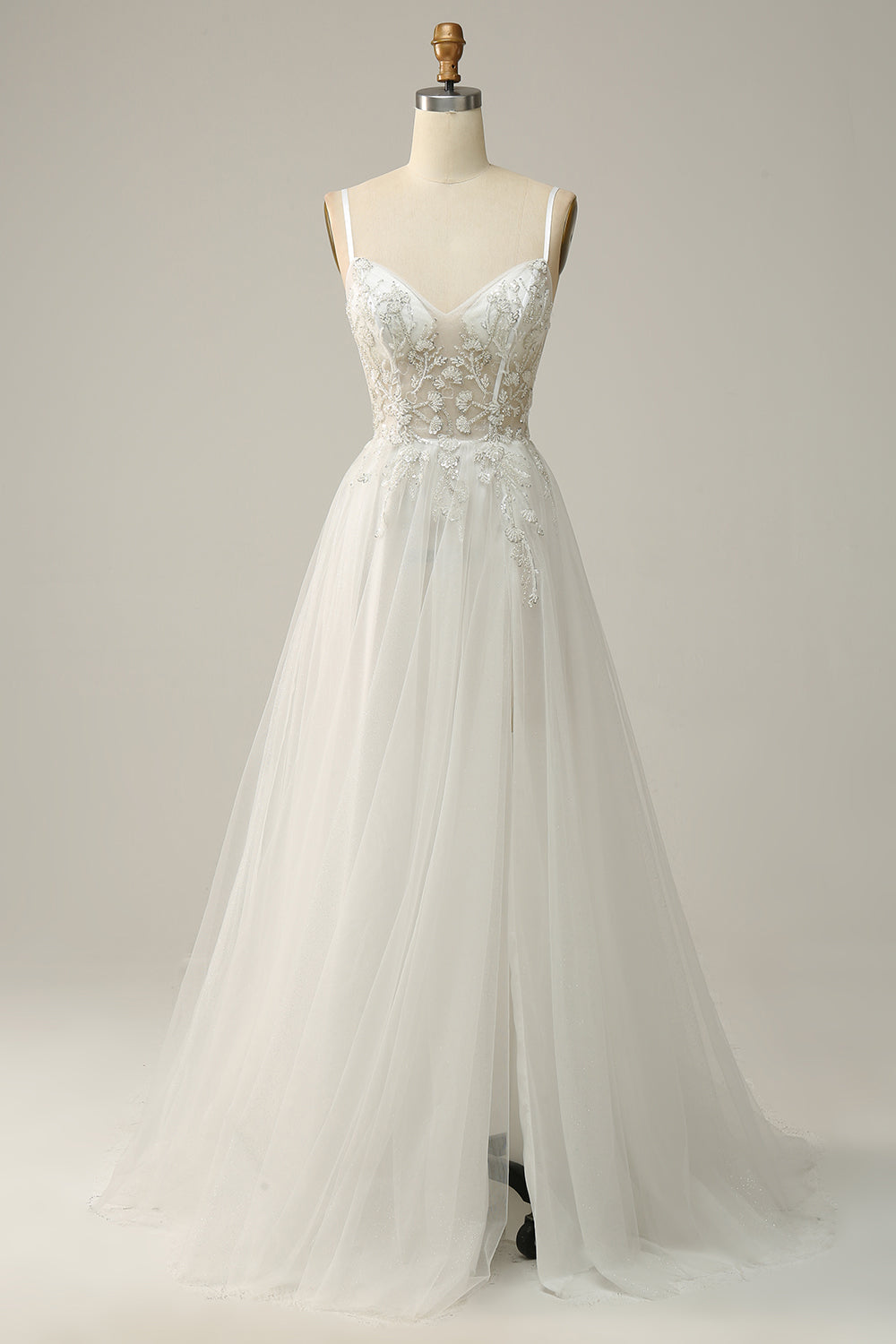 A Line Spaghetti Straps White Long Ball Dress with Appliques