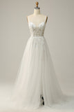 A Line Spaghetti Straps White Long Ball Dress with Appliques