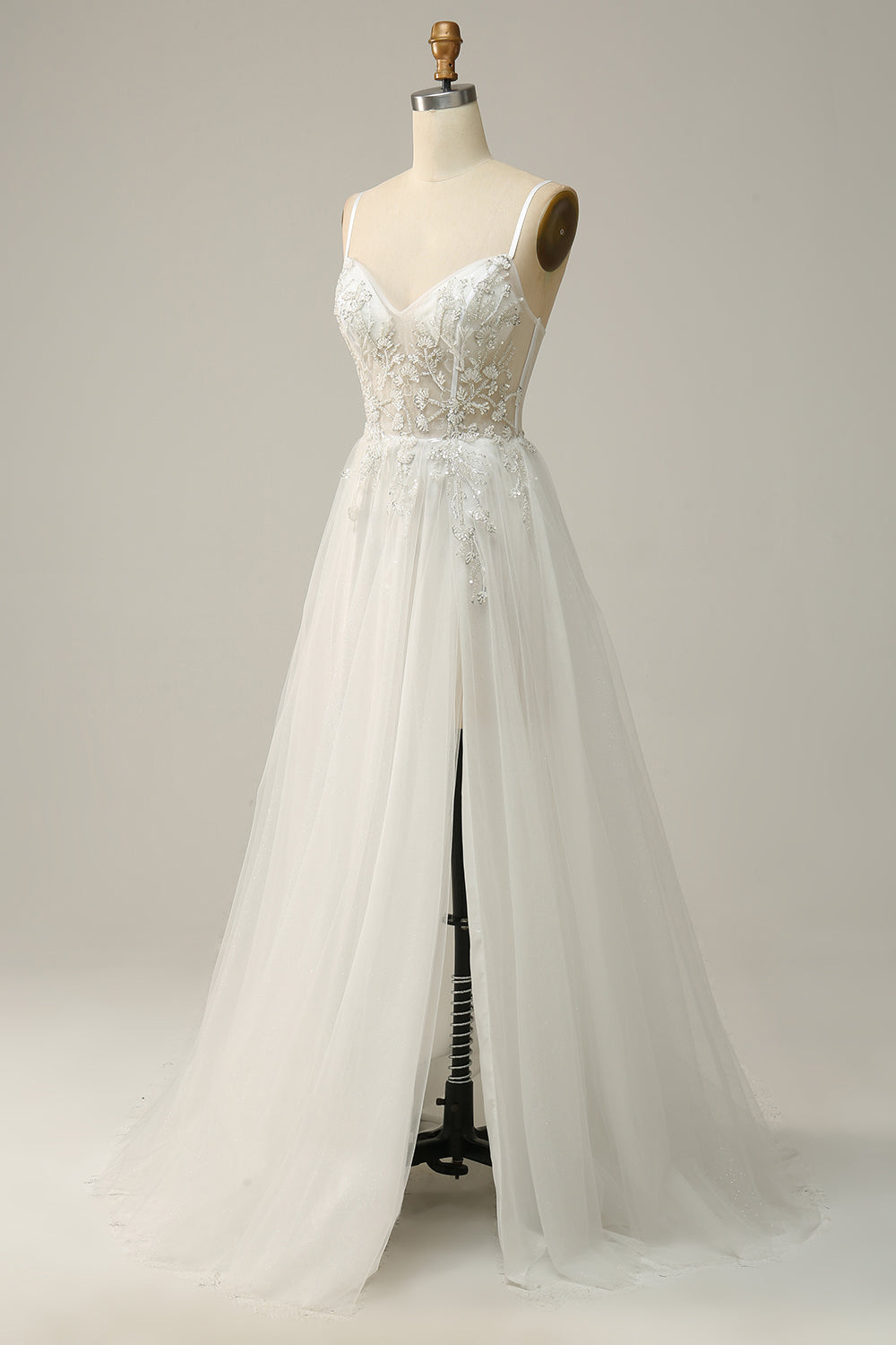 A Line Spaghetti Straps White Long Ball Dress with Appliques