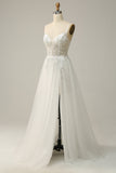 A Line Spaghetti Straps White Long Ball Dress with Appliques
