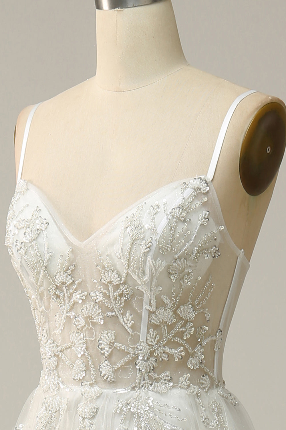 A Line Spaghetti Straps White Long Ball Dress with Appliques