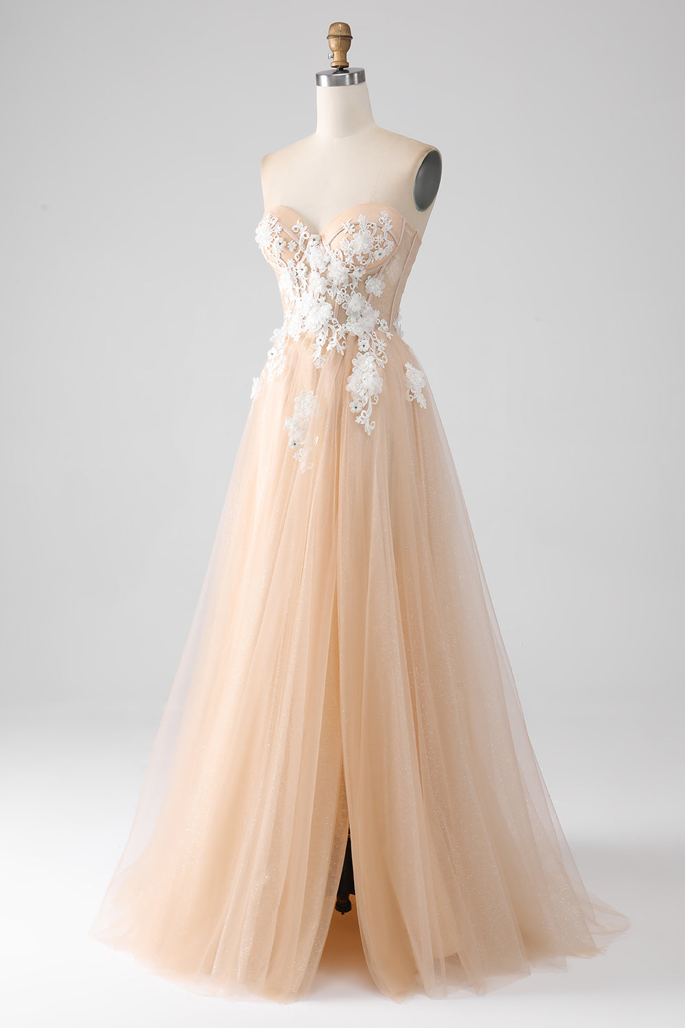 Champagne A-Line Strapless Corset Ball Dress with Appliques