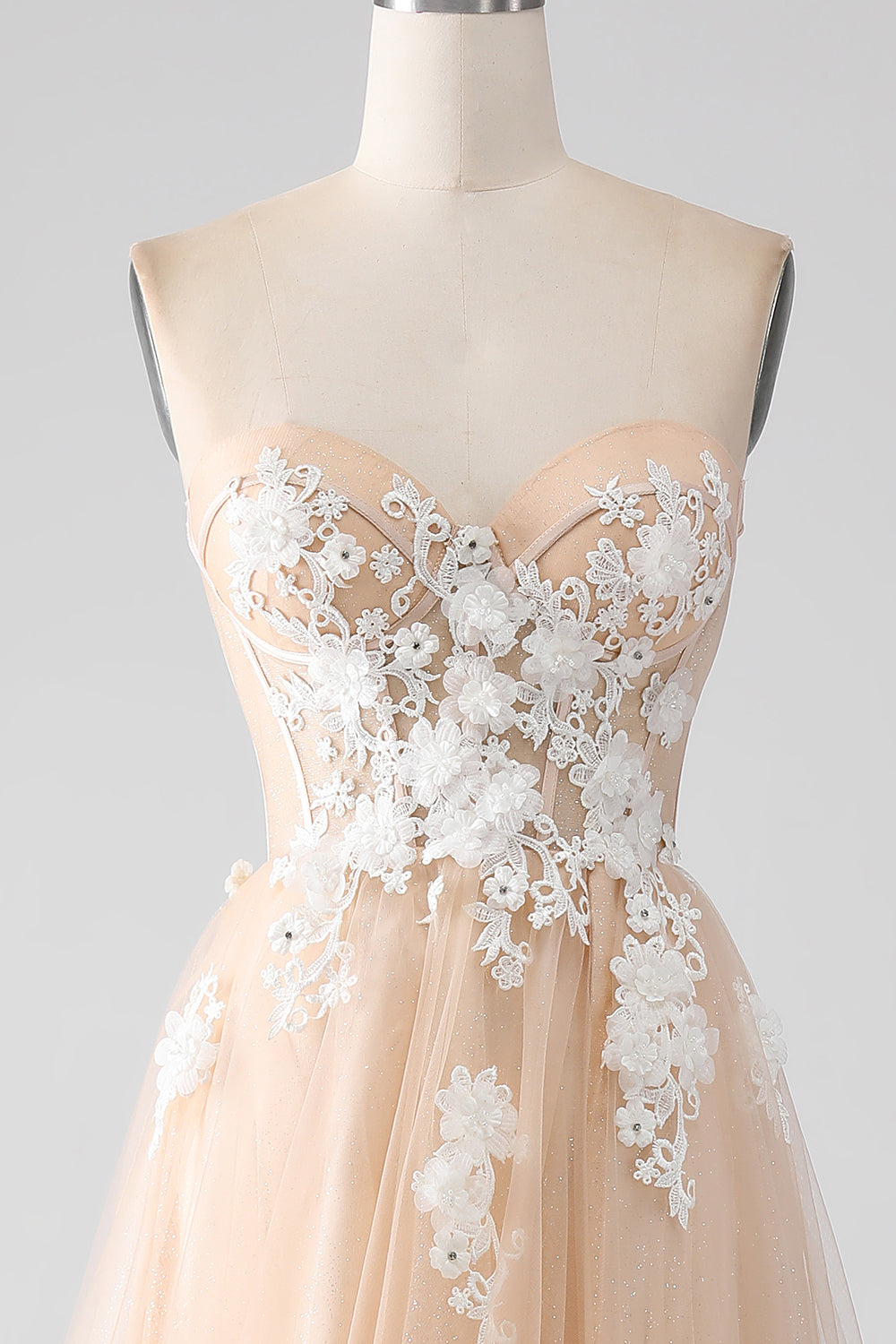 Champagne A-Line Strapless Corset Ball Dress with Appliques