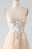 Champagne A-Line Strapless Corset Ball Dress with Appliques