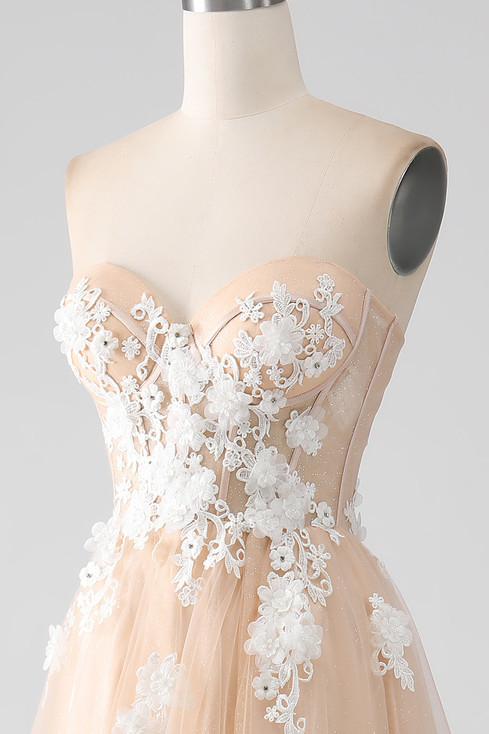 Champagne A-Line Strapless Corset Ball Dress with Appliques