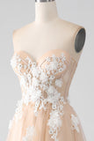Champagne A-Line Strapless Corset Ball Dress with Appliques