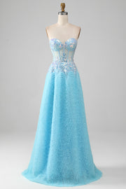 Sky Blue A Line Sweetheart Corset Ball Dress with Sequins