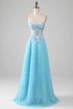 Sky Blue A Line Sweetheart Corset Ball Dress with Sequins
