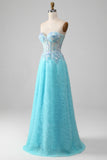Sky Blue A Line Sweetheart Corset Ball Dress with Sequins
