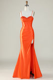 Orange Mermaid Spaghetti Straps Long Corset Ball Dress With Slit