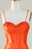 Orange Mermaid Spaghetti Straps Long Corset Ball Dress With Slit