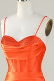 Orange Mermaid Spaghetti Straps Long Corset Ball Dress With Slit