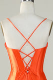 Orange Mermaid Spaghetti Straps Long Corset Ball Dress With Slit