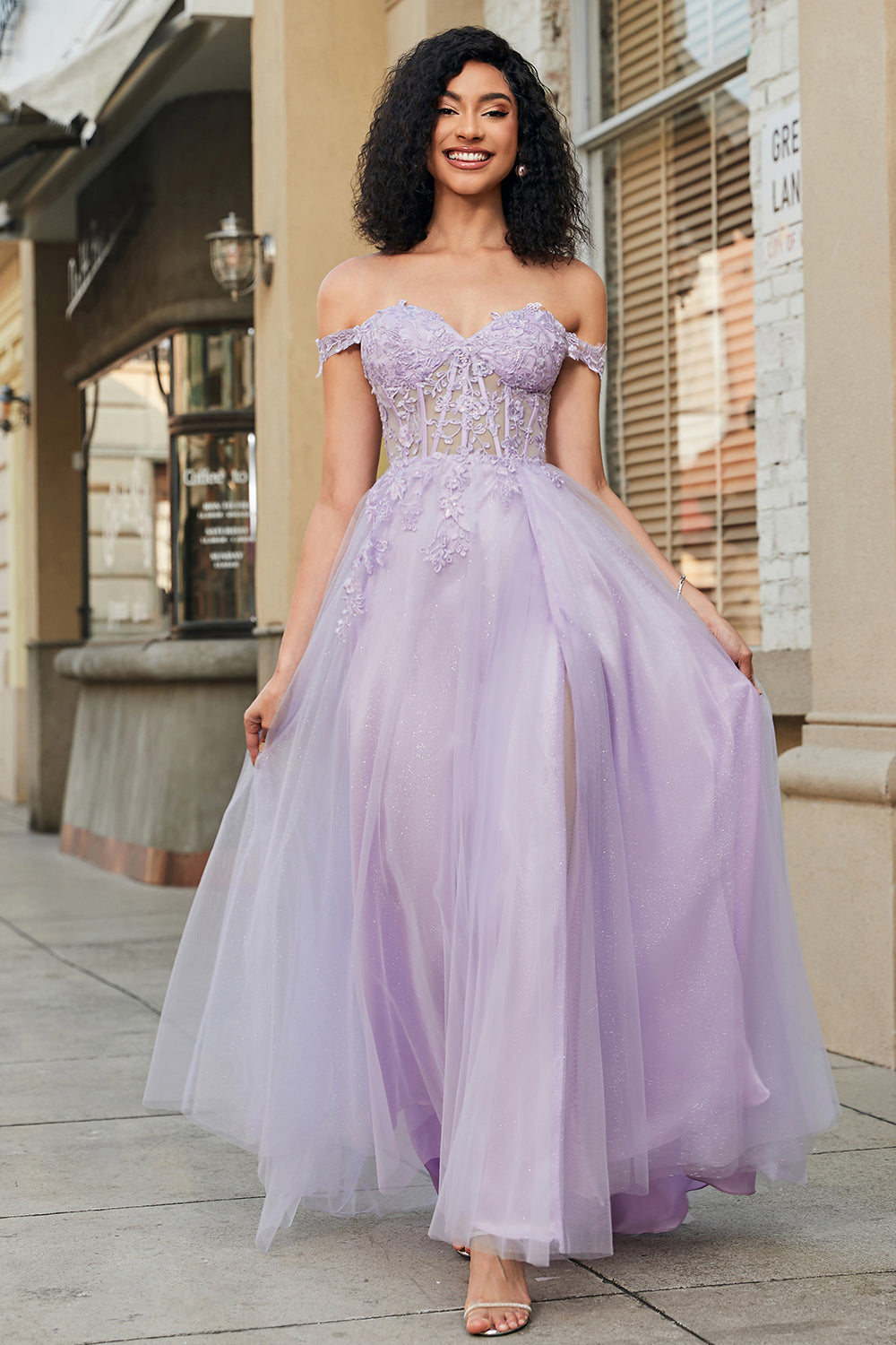 Gorgeous A Line Off the Shoulder Purple Corset Ball Dress with Appliques