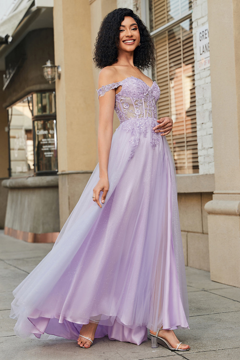 Gorgeous A Line Off the Shoulder Purple Corset Ball Dress with Appliques