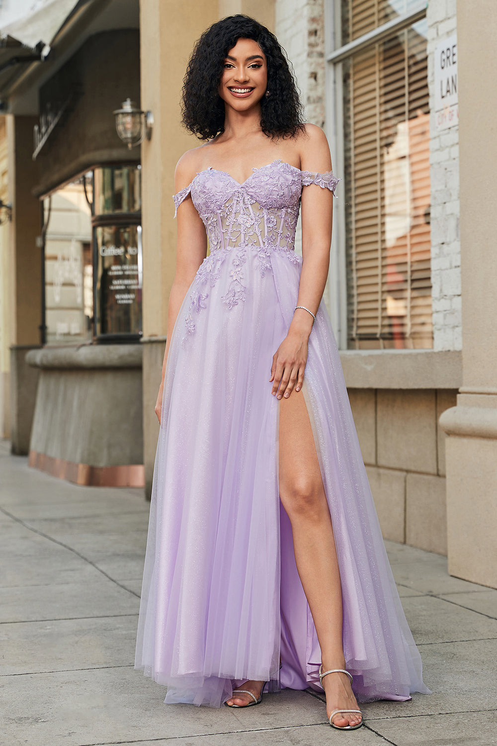 Gorgeous A Line Off the Shoulder Purple Corset Ball Dress with Appliques