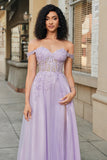 Gorgeous A Line Off the Shoulder Purple Corset Ball Dress with Appliques