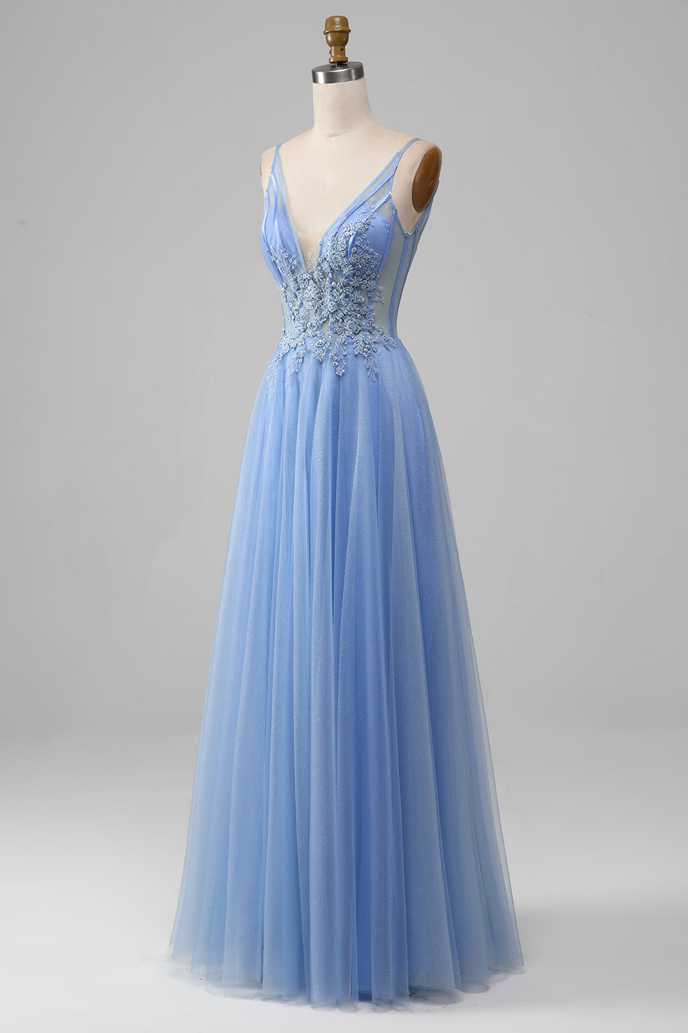Light Blue A-Line V Neck Tulle Ball Dress With Appliques
