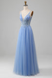 Light Blue A-Line V Neck Tulle Ball Dress With Appliques