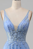 Light Blue A-Line V Neck Tulle Ball Dress With Appliques
