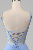 Light Blue A-Line V Neck Tulle Ball Dress With Appliques