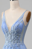 Light Blue A-Line V Neck Tulle Ball Dress With Appliques