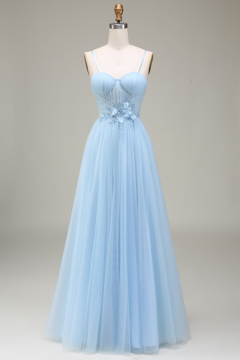 Sparkly Light Blue A-Line Tulle Ball Dress With Appliques