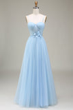 Sparkly Light Blue A-Line Tulle Ball Dress With Appliques