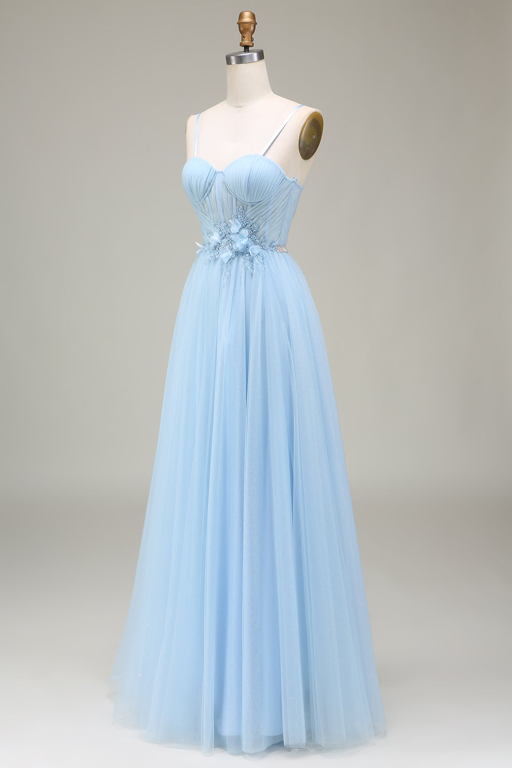 Sparkly Light Blue A-Line Tulle Ball Dress With Appliques