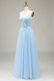 Sparkly Light Blue A-Line Tulle Ball Dress With Appliques