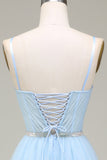 Sparkly Light Blue A-Line Tulle Ball Dress With Appliques