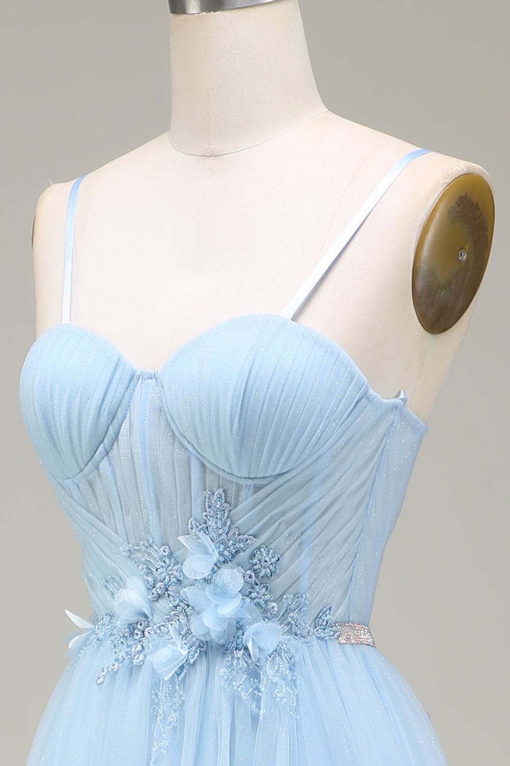 Sparkly Light Blue A-Line Tulle Ball Dress With Appliques
