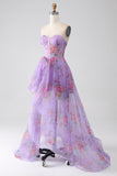 Purple A-Line Sweetheart Printed Strapless Corset Ball Dress
