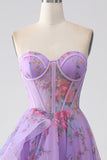 Purple A-Line Sweetheart Printed Strapless Corset Ball Dress