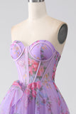 Purple A-Line Sweetheart Printed Strapless Corset Ball Dress