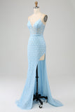 Glitter Sky Blue Spaghetti Straps Sequins Mermaid Ball Dress with Slit