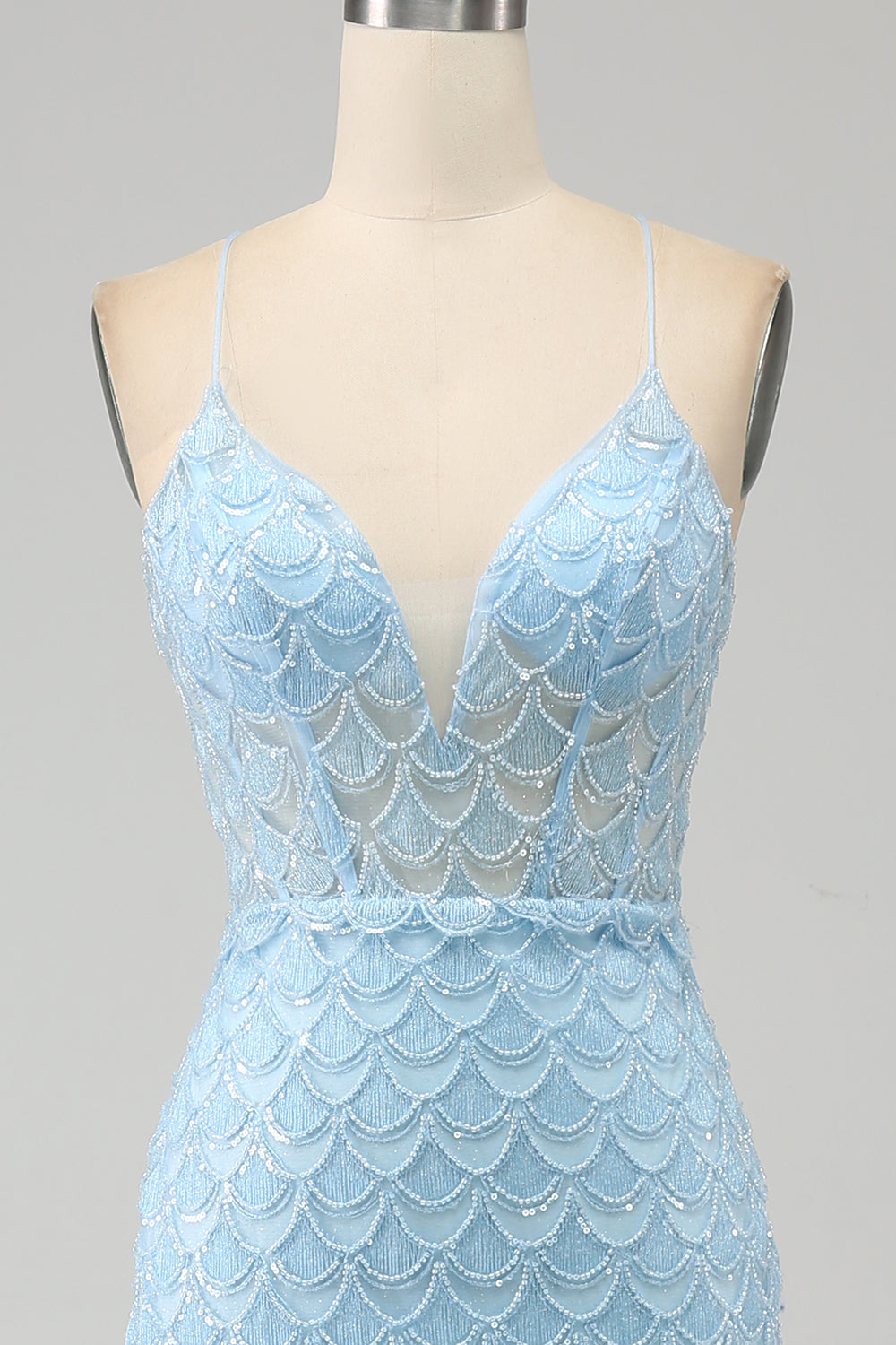 Glitter Sky Blue Spaghetti Straps Sequins Mermaid Ball Dress with Slit