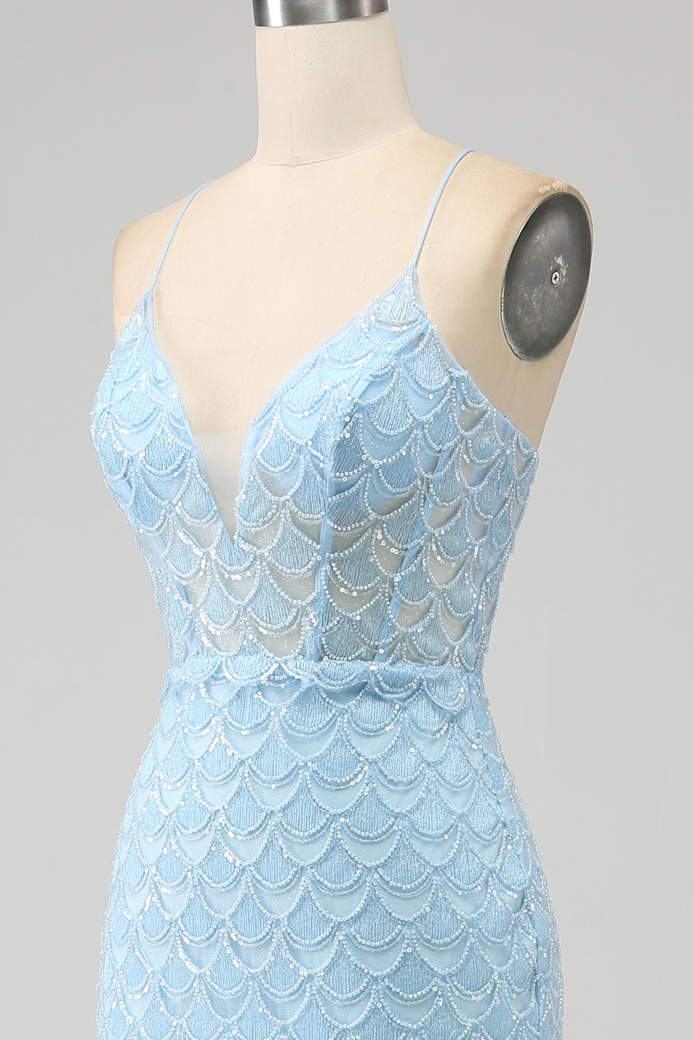 Glitter Sky Blue Spaghetti Straps Sequins Mermaid Ball Dress with Slit