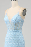 Glitter Sky Blue Spaghetti Straps Sequins Mermaid Ball Dress with Slit