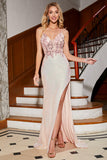 Glitter Pink Beaded Mermaid Spaghetti Straps Ball Dress with Slit