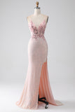Glitter Pink Spaghetti Straps Sequins Beaded Mermaid Ball Dress with Slit