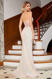 Glitter Pink Beaded Mermaid Spaghetti Straps Ball Dress with Slit