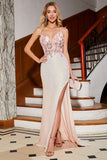 Glitter Pink Beaded Mermaid Spaghetti Straps Ball Dress with Slit