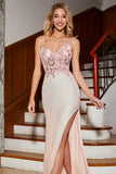Glitter Pink Beaded Mermaid Spaghetti Straps Ball Dress with Slit