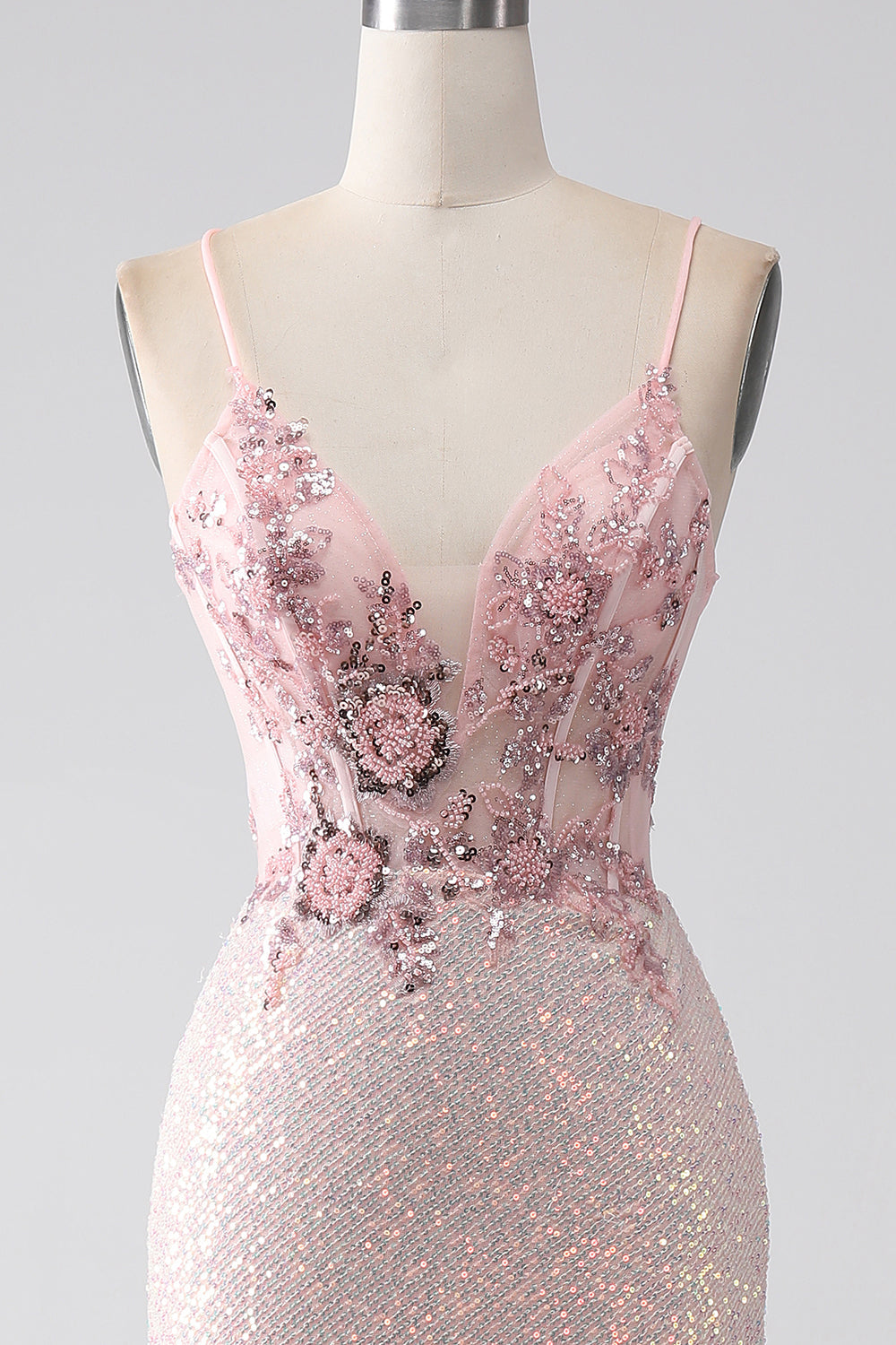 Glitter Pink Spaghetti Straps Sequins Beaded Mermaid Ball Dress with Slit