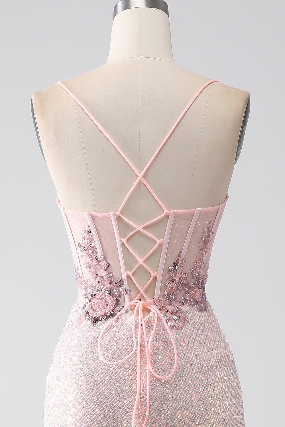 Glitter Pink Spaghetti Straps Sequins Beaded Mermaid Ball Dress with Slit