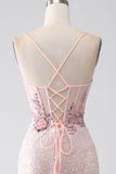 Glitter Pink Spaghetti Straps Sequins Beaded Mermaid Ball Dress with Slit