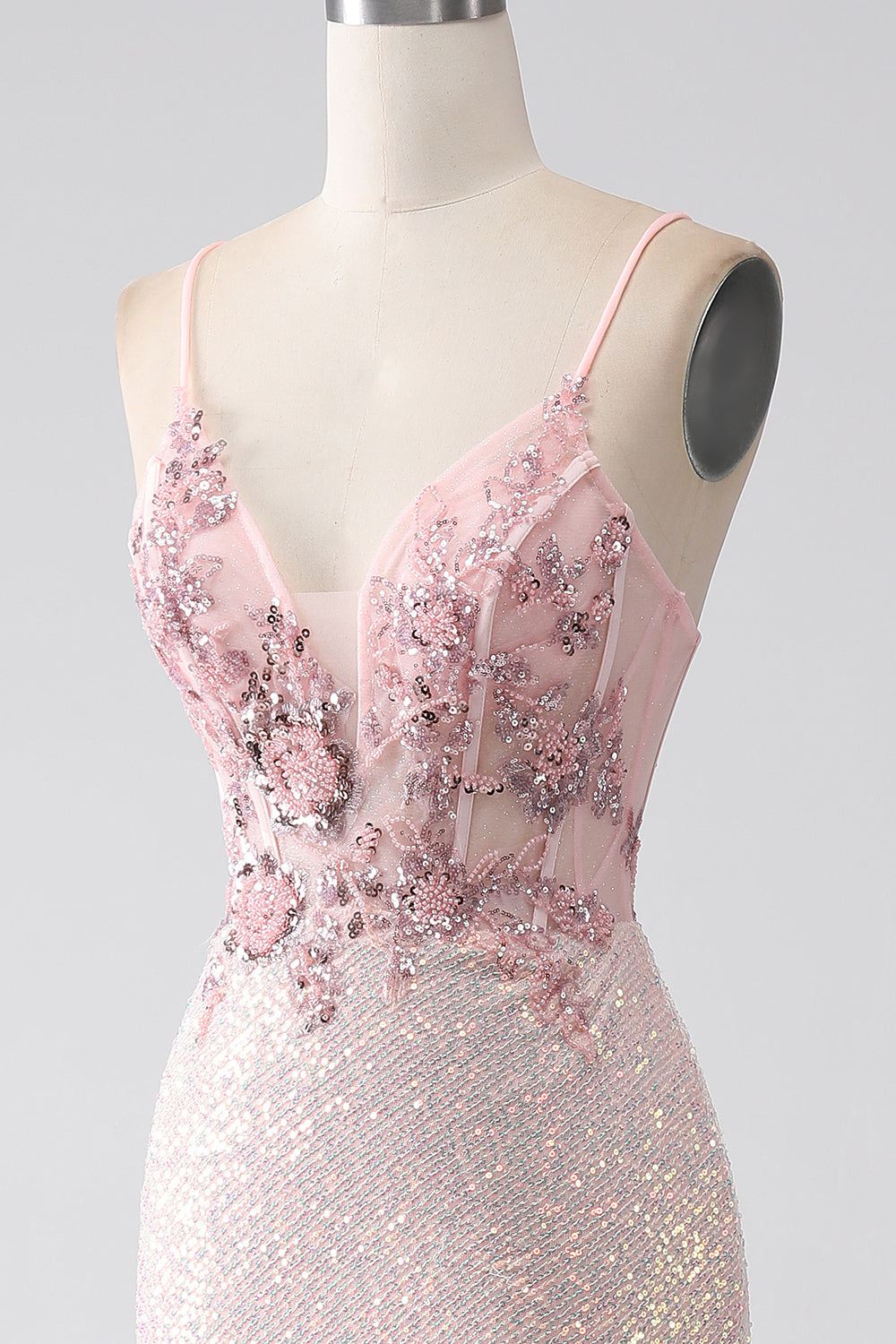 Glitter Pink Spaghetti Straps Sequins Beaded Mermaid Ball Dress with Slit
